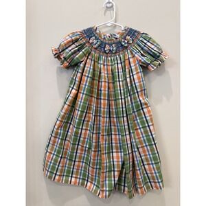 DeLaney Toddler Girls Plaid Bow Dress Blue, Orange, Green Size 3T